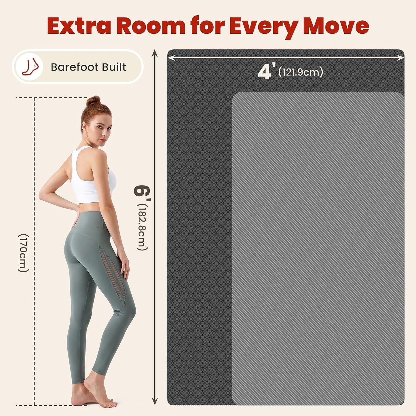Large Yoga Mat, 6' x 4'/6' x 3' x 6mm /8mm/12mm Thick Workout Mat | Wide Non Slip Exercise Flooring for Yoga Home Gym, Pilates, Stretching, Cardio & Barefoot Workouts