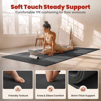 Large Yoga Mat, 6' x 4'/6' x 3' x 6mm /8mm/12mm Thick Workout Mat | Wide Non Slip Exercise Flooring for Yoga Home Gym, Pilates, Stretching, Cardio & Barefoot Workouts