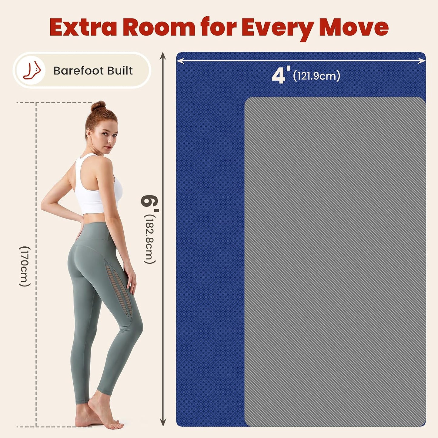 Large Yoga Mat, 6' x 4'/6' x 3' x 6mm /8mm/12mm Thick Workout Mat | Wide Non Slip Exercise Flooring for Yoga Home Gym, Pilates, Stretching, Cardio & Barefoot Workouts