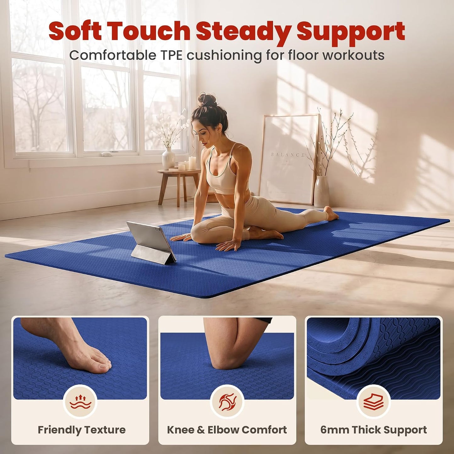 Large Yoga Mat, 6' x 4'/6' x 3' x 6mm /8mm/12mm Thick Workout Mat | Wide Non Slip Exercise Flooring for Yoga Home Gym, Pilates, Stretching, Cardio & Barefoot Workouts