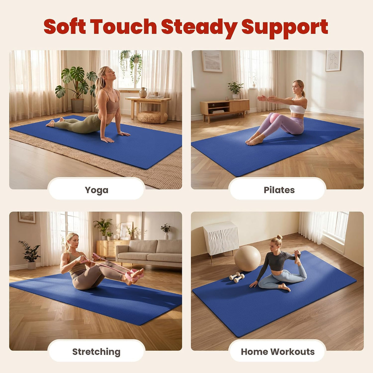Large Yoga Mat, 6' x 4'/6' x 3' x 6mm /8mm/12mm Thick Workout Mat | Wide Non Slip Exercise Flooring for Yoga Home Gym, Pilates, Stretching, Cardio & Barefoot Workouts