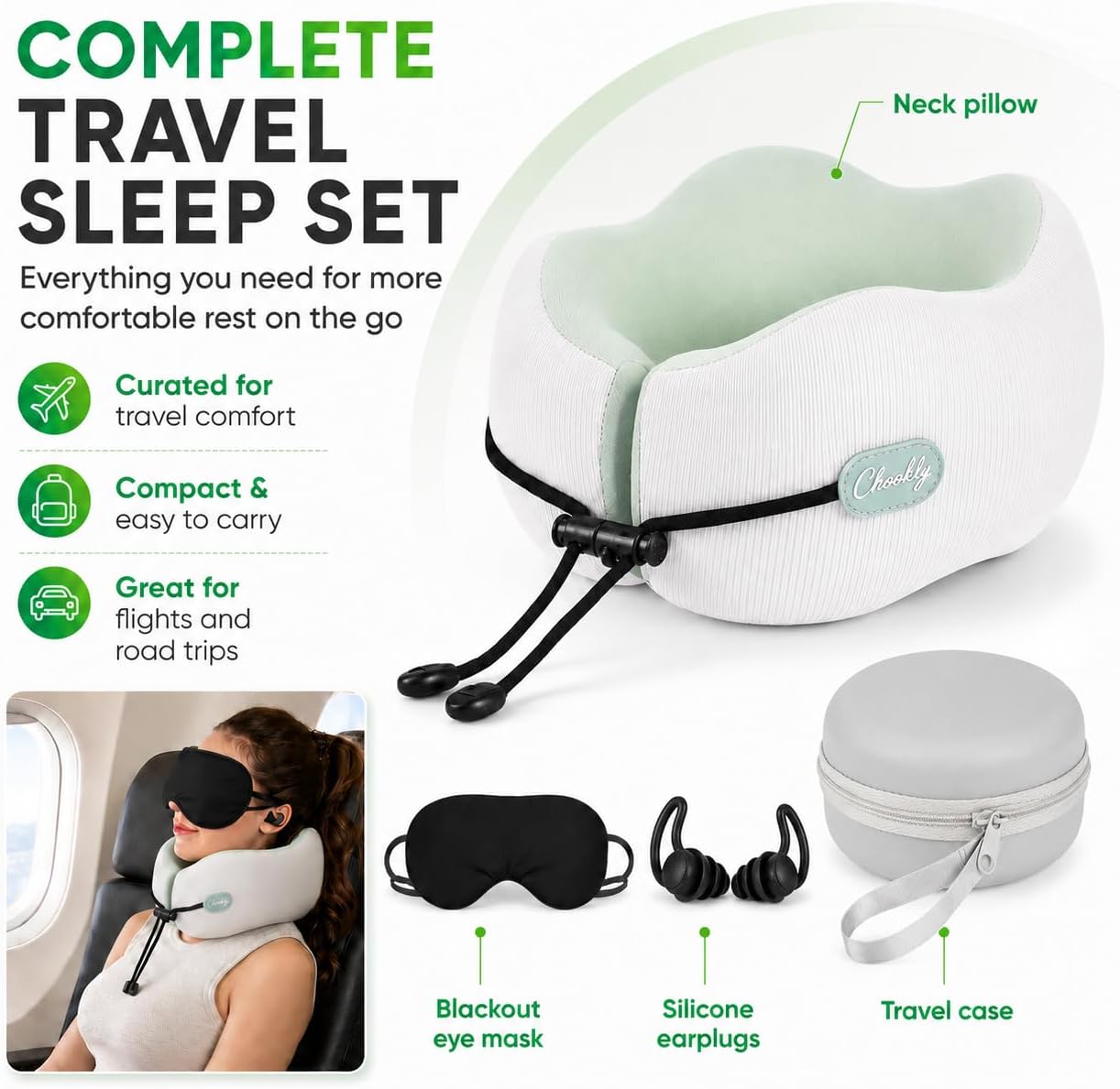 Memory Foam Travel Neck Pillow for Airplane Travel, Head and Chin Support, Adjustable Strap, Washable Cover, Carry Case