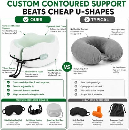 Memory Foam Travel Neck Pillow for Airplane Travel, Head and Chin Support, Adjustable Strap, Washable Cover, Carry Case