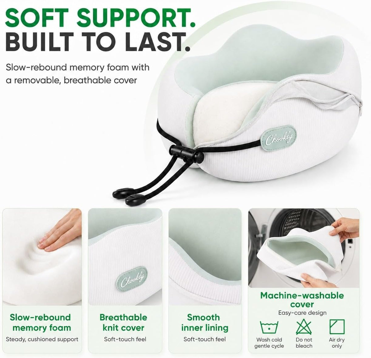 Memory Foam Travel Neck Pillow for Airplane Travel, Head and Chin Support, Adjustable Strap, Washable Cover, Carry Case