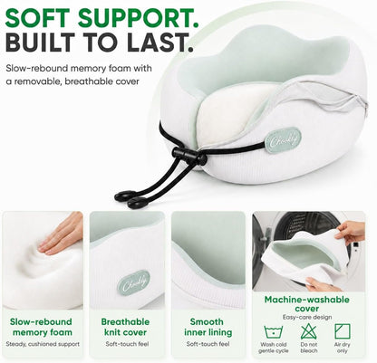 Memory Foam Travel Neck Pillow for Airplane Travel, Head and Chin Support, Adjustable Strap, Washable Cover, Carry Case