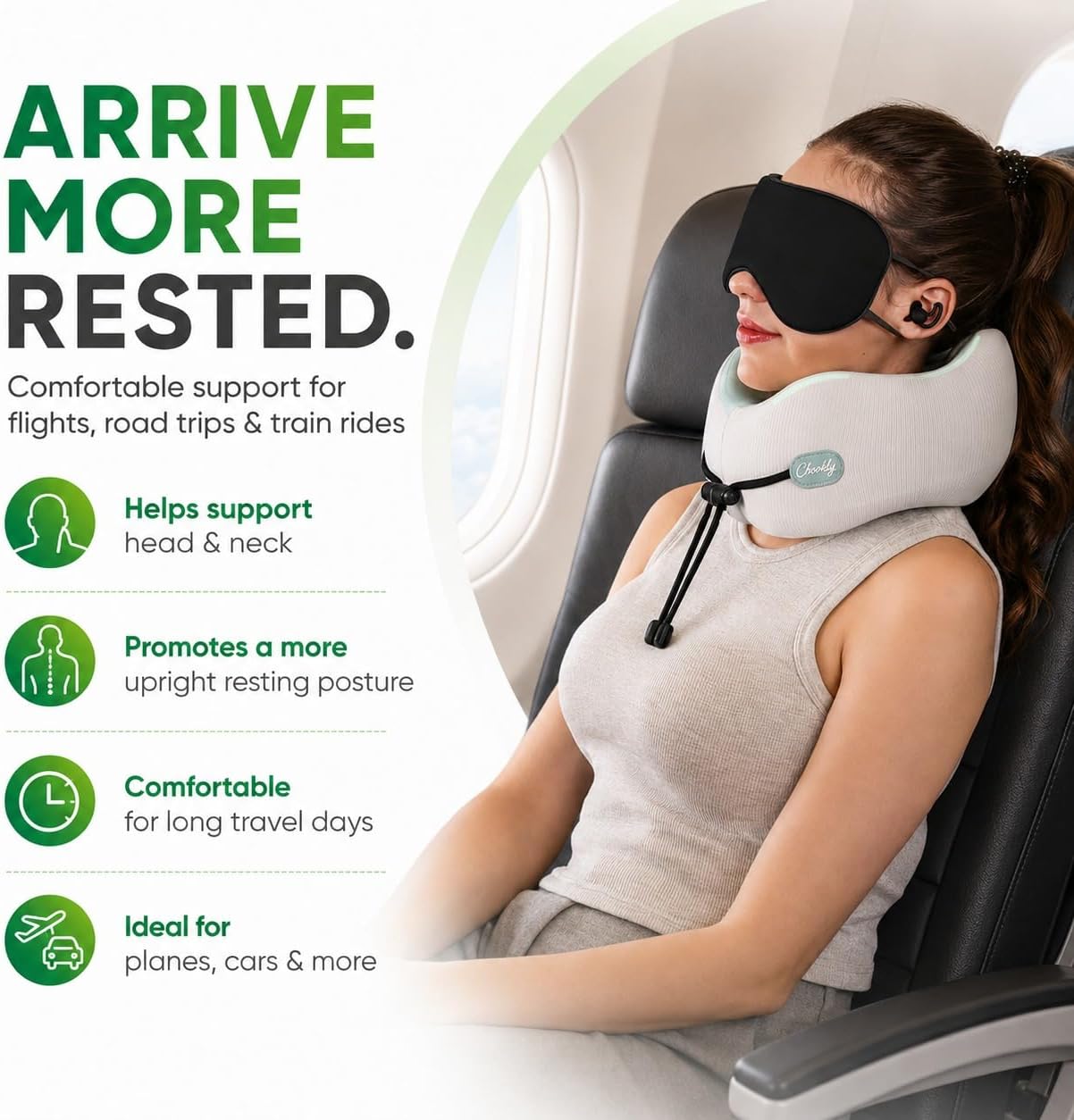 Memory Foam Travel Neck Pillow for Airplane Travel, Head and Chin Support, Adjustable Strap, Washable Cover, Carry Case