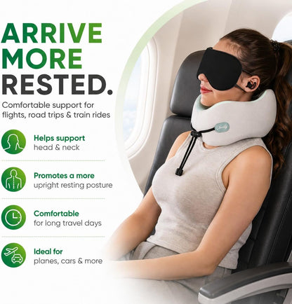 Memory Foam Travel Neck Pillow for Airplane Travel, Head and Chin Support, Adjustable Strap, Washable Cover, Carry Case