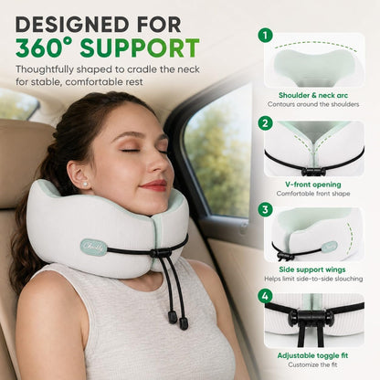 Memory Foam Travel Neck Pillow for Airplane Travel, Head and Chin Support, Adjustable Strap, Washable Cover, Carry Case
