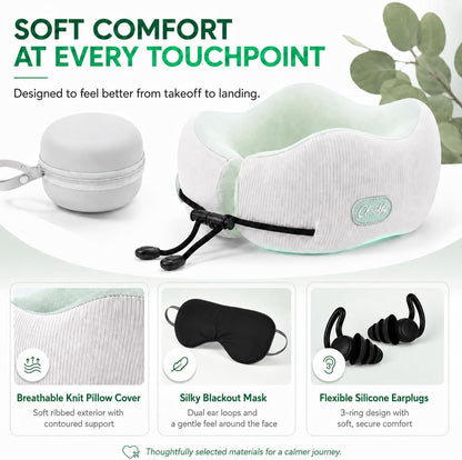 Memory Foam Travel Neck Pillow for Airplane Travel, Head and Chin Support, Adjustable Strap, Washable Cover, Carry Case
