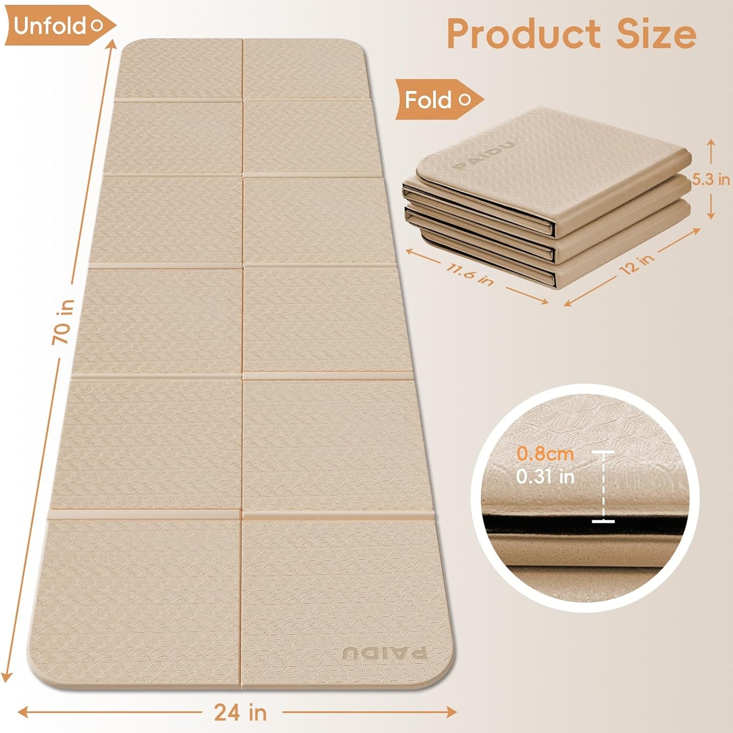 Foldable Yoga Mat, 70"x24"x0.31" TPE Non-Slip Mat with Bag | Double‑sided non‑slip, 8mm thick TPE, foldable for travel, ideal for yoga/pilates/fitness/home/outdoor workouts