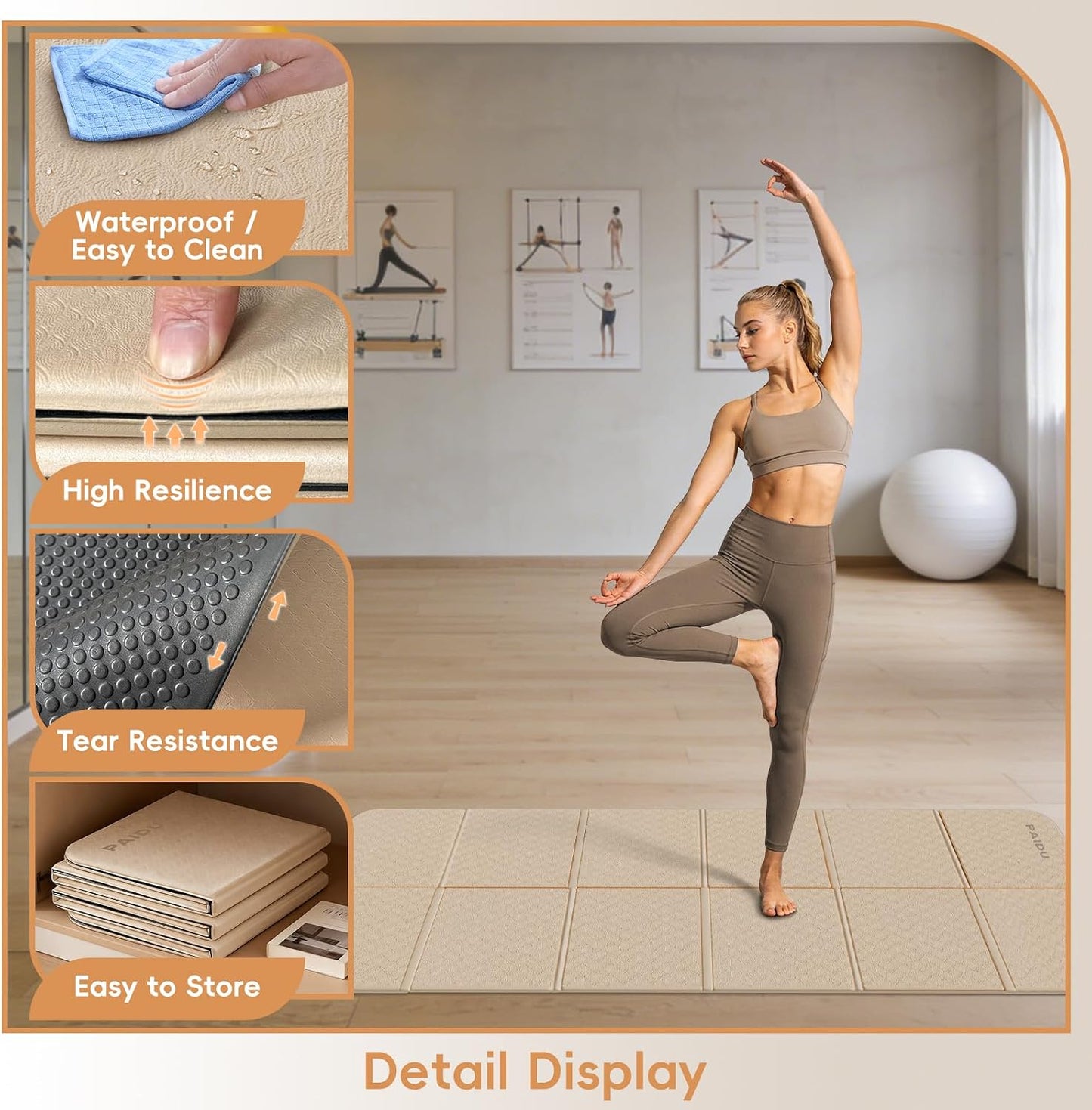 Foldable Yoga Mat, 70"x24"x0.31" TPE Non-Slip Mat with Bag | Double‑sided non‑slip, 8mm thick TPE, foldable for travel, ideal for yoga/pilates/fitness/home/outdoor workouts