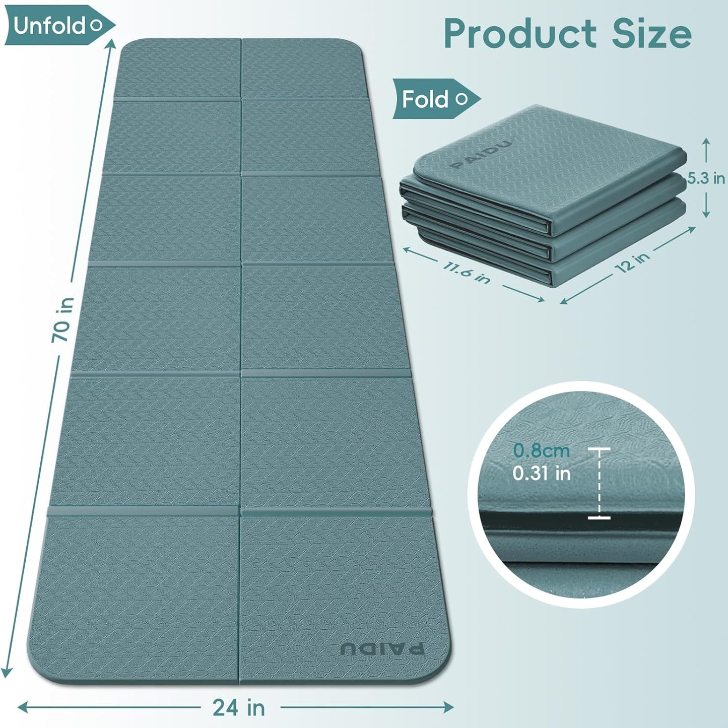Foldable Yoga Mat, 70"x24"x0.31" TPE Non-Slip Mat with Bag | Double‑sided non‑slip, 8mm thick TPE, foldable for travel, ideal for yoga/pilates/fitness/home/outdoor workouts
