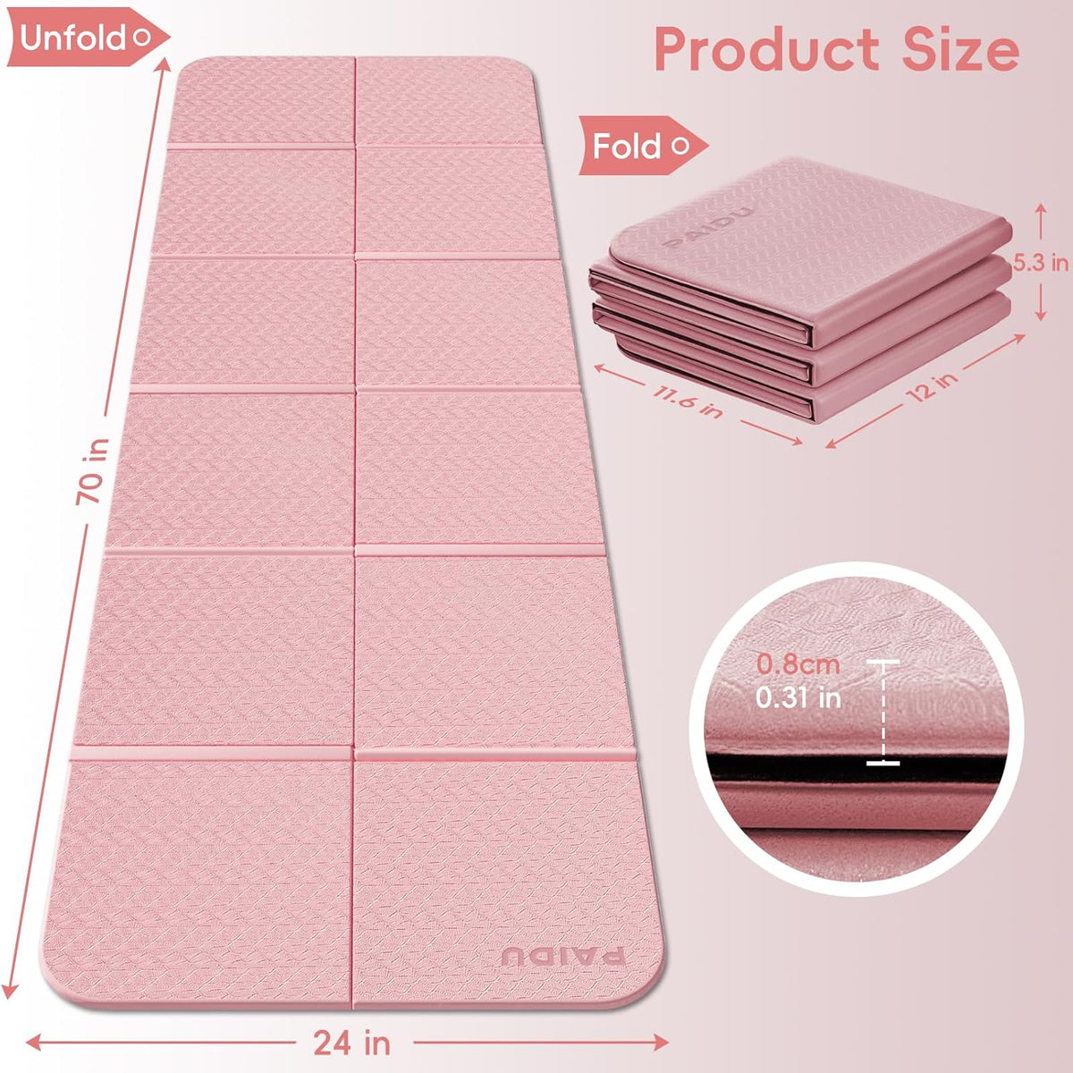 Foldable Yoga Mat, 70"x24"x0.31" TPE Non-Slip Mat with Bag | Double‑sided non‑slip, 8mm thick TPE, foldable for travel, ideal for yoga/pilates/fitness/home/outdoor workouts