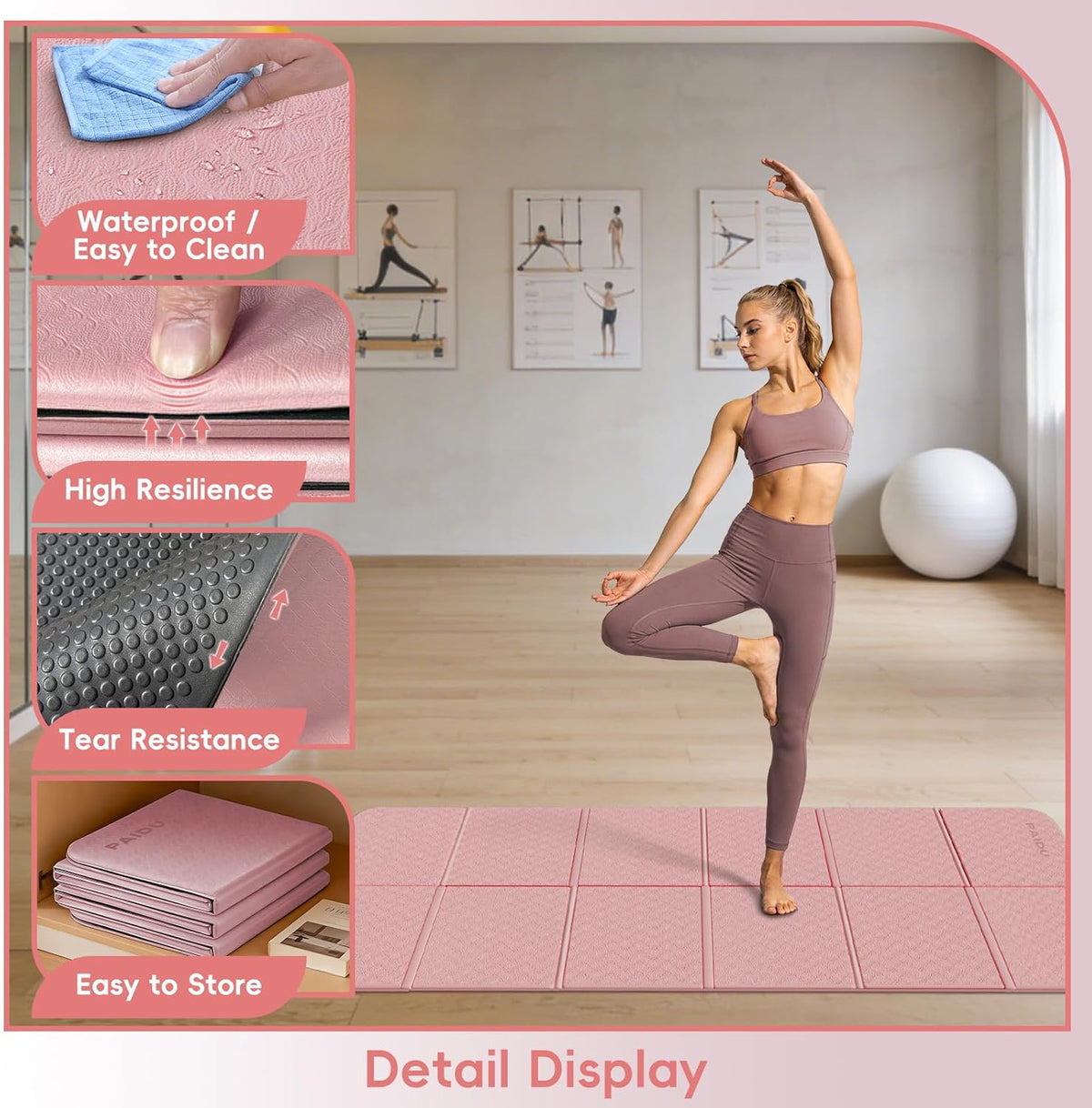 Foldable Yoga Mat, 70"x24"x0.31" TPE Non-Slip Mat with Bag | Double‑sided non‑slip, 8mm thick TPE, foldable for travel, ideal for yoga/pilates/fitness/home/outdoor workouts
