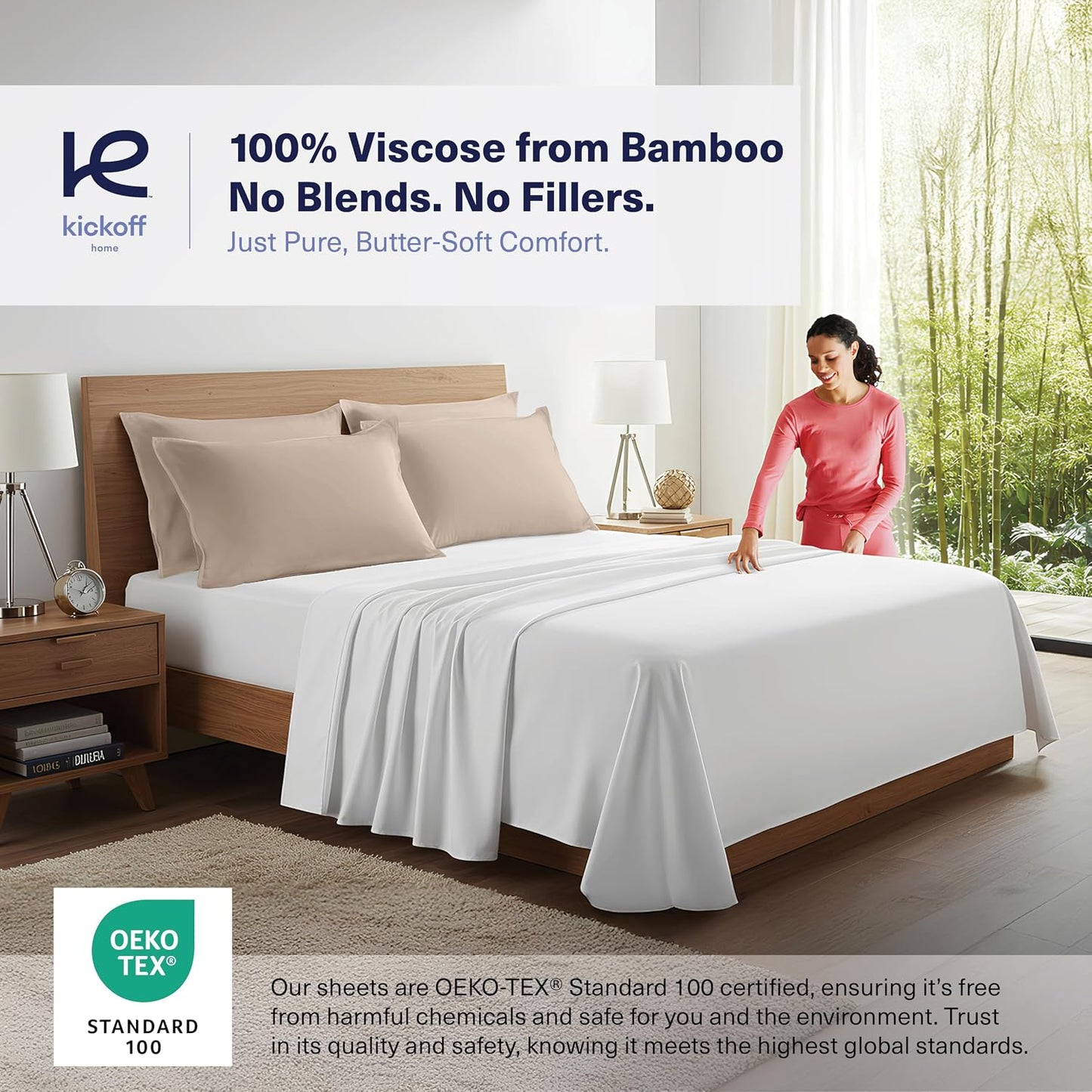 Kickoff Viscose Bamboo Pillowcase, Queen, Set of 2, 100% Organic Hidden Zippered Viscose Bamboo Pillow Case Queen Size, Cooling Pillow Cover for Hot Sleepers (20"x30", Iced Latte)