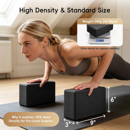 High Density EVA Yoga Blocks 2 Pack, 280g Pro-Level Exercise Brick (46-50 Shore C Firmness), Odor-Free & Non-Slip Foam Props for Yoga, Pilates & Stretching