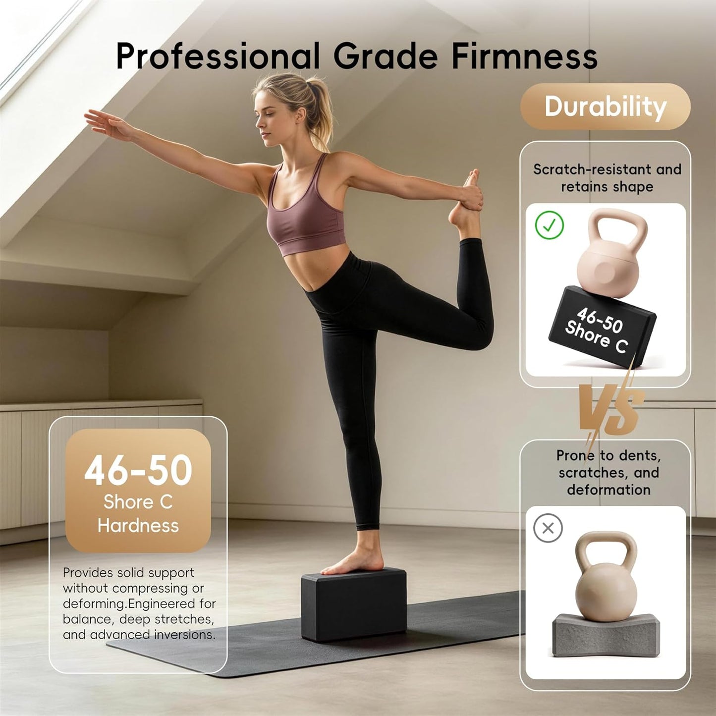 High Density EVA Yoga Blocks 2 Pack, 280g Pro-Level Exercise Brick (46-50 Shore C Firmness), Odor-Free & Non-Slip Foam Props for Yoga, Pilates & Stretching