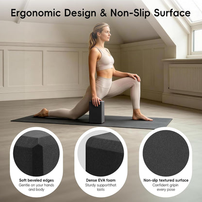 High Density EVA Yoga Blocks 2 Pack, 280g Pro-Level Exercise Brick (46-50 Shore C Firmness), Odor-Free & Non-Slip Foam Props for Yoga, Pilates & Stretching