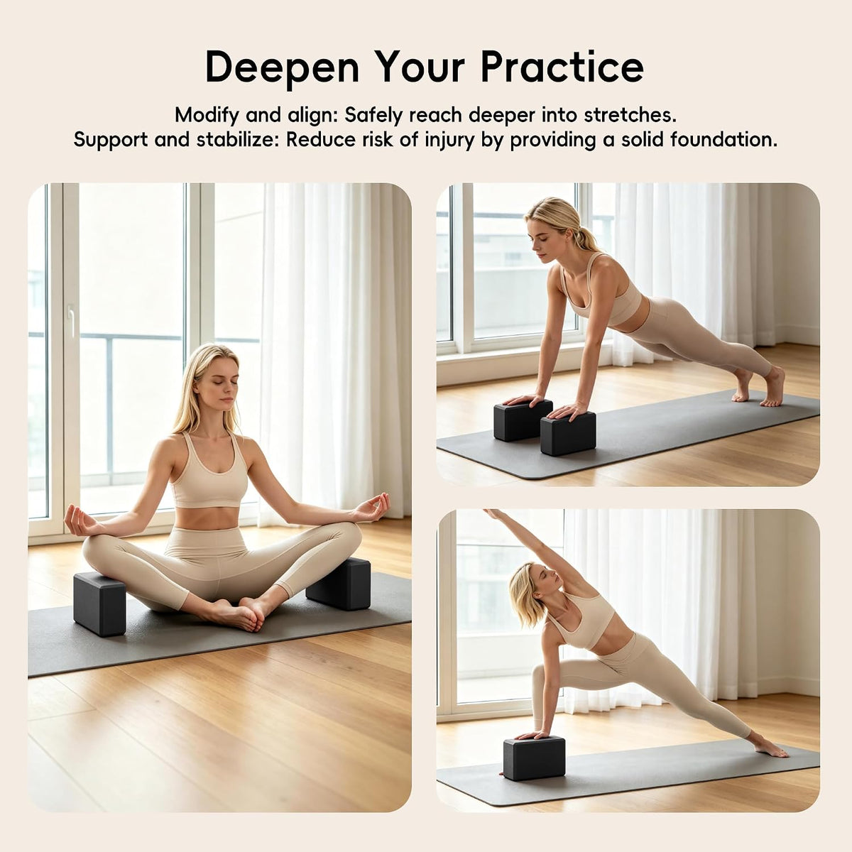 High Density EVA Yoga Blocks 2 Pack, 280g Pro-Level Exercise Brick (46-50 Shore C Firmness), Odor-Free & Non-Slip Foam Props for Yoga, Pilates & Stretching