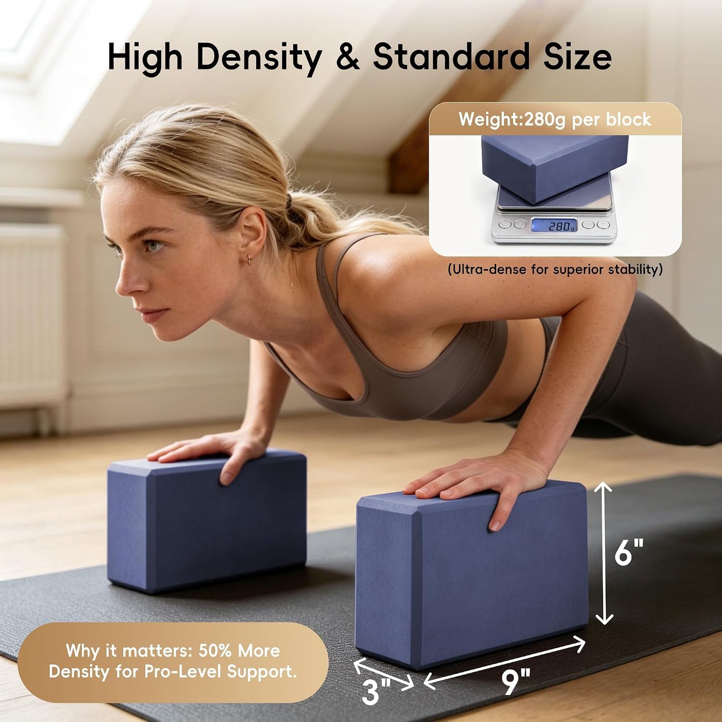 High Density EVA Yoga Blocks 2 Pack, 280g Pro-Level Exercise Brick (46-50 Shore C Firmness), Odor-Free & Non-Slip Foam Props for Yoga, Pilates & Stretching