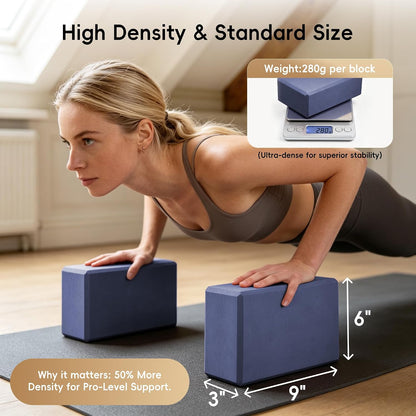 High Density EVA Yoga Blocks 2 Pack, 280g Pro-Level Exercise Brick (46-50 Shore C Firmness), Odor-Free & Non-Slip Foam Props for Yoga, Pilates & Stretching
