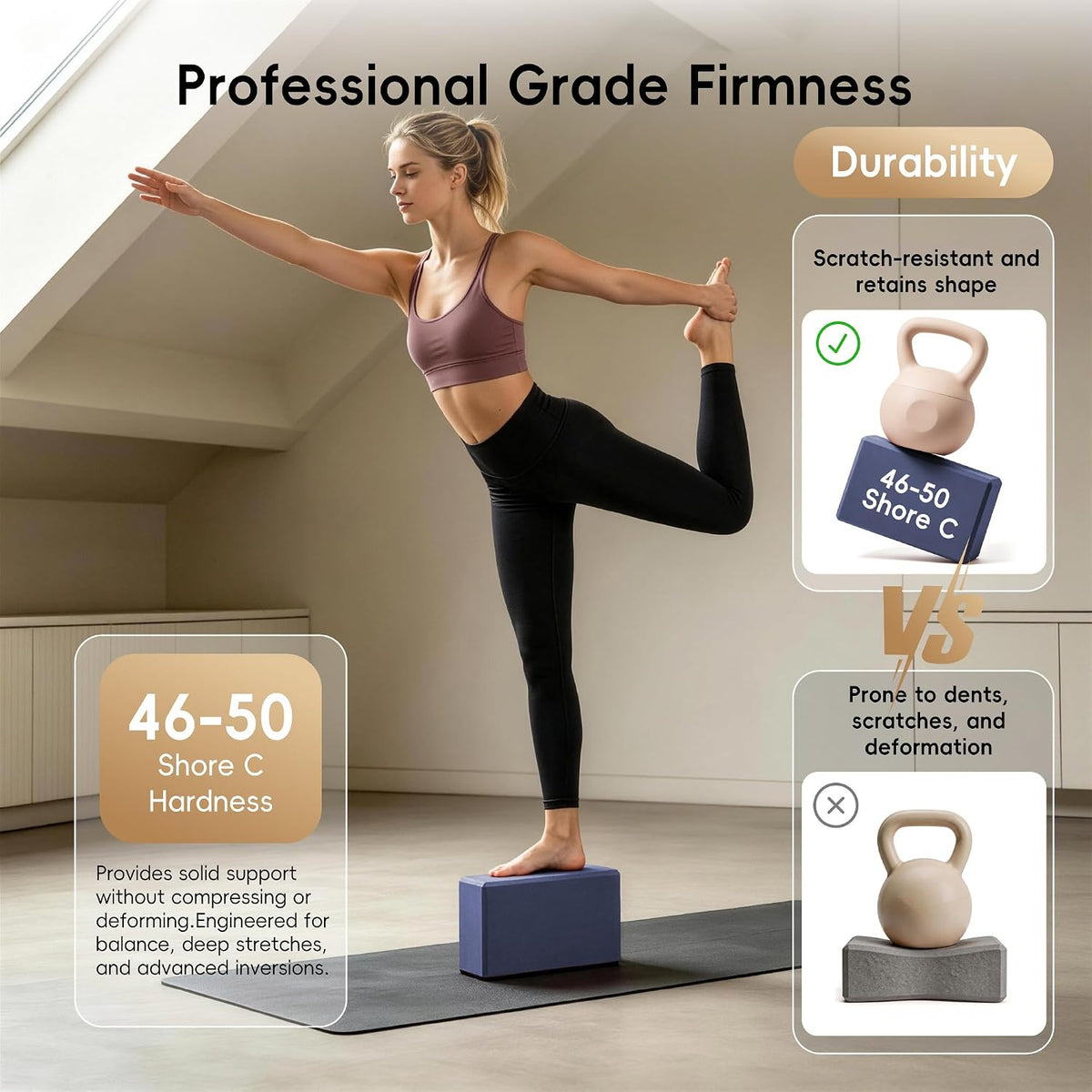 High Density EVA Yoga Blocks 2 Pack, 280g Pro-Level Exercise Brick (46-50 Shore C Firmness), Odor-Free & Non-Slip Foam Props for Yoga, Pilates & Stretching