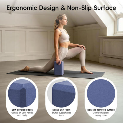 High Density EVA Yoga Blocks 2 Pack, 280g Pro-Level Exercise Brick (46-50 Shore C Firmness), Odor-Free & Non-Slip Foam Props for Yoga, Pilates & Stretching
