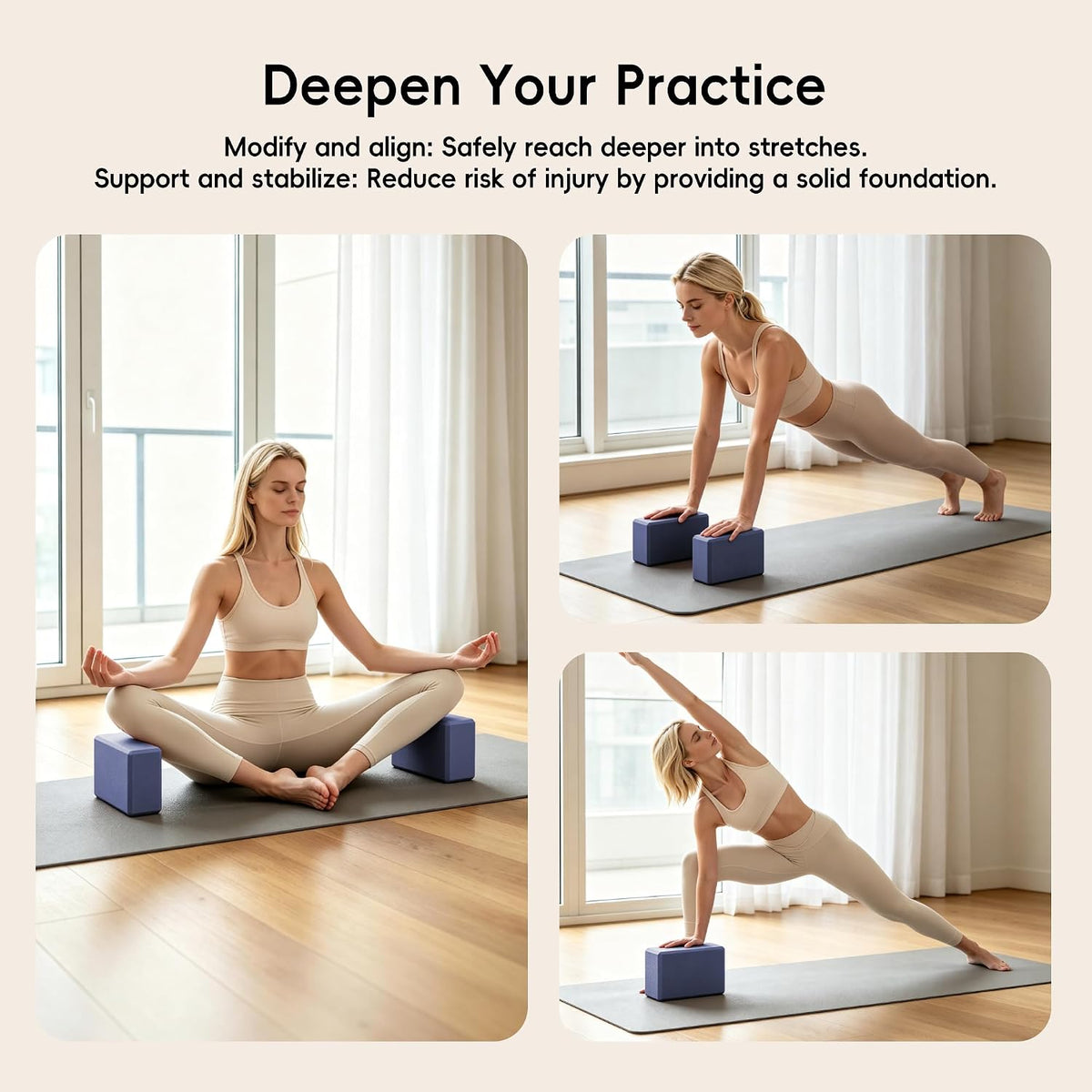 High Density EVA Yoga Blocks 2 Pack, 280g Pro-Level Exercise Brick (46-50 Shore C Firmness), Odor-Free & Non-Slip Foam Props for Yoga, Pilates & Stretching