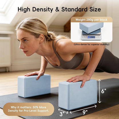 High Density EVA Yoga Blocks 2 Pack, 280g Pro-Level Exercise Brick (46-50 Shore C Firmness), Odor-Free & Non-Slip Foam Props for Yoga, Pilates & Stretching