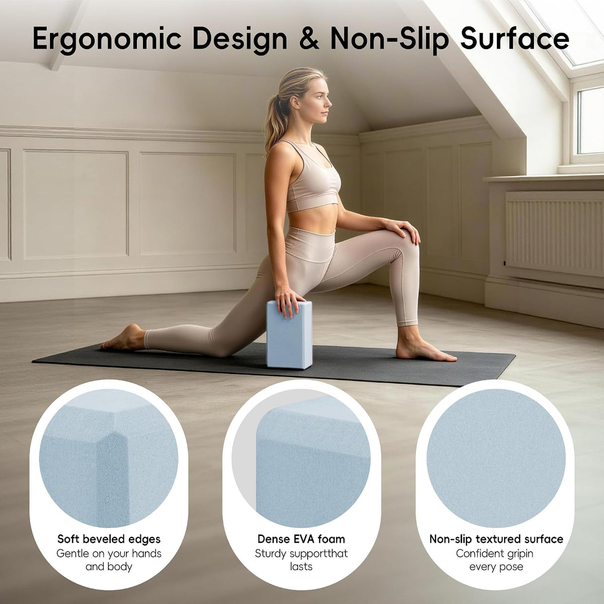 High Density EVA Yoga Blocks 2 Pack, 280g Pro-Level Exercise Brick (46-50 Shore C Firmness), Odor-Free & Non-Slip Foam Props for Yoga, Pilates & Stretching