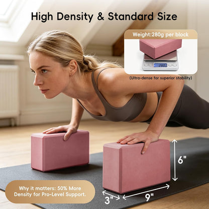 High Density EVA Yoga Blocks 2 Pack, 280g Pro-Level Exercise Brick (46-50 Shore C Firmness), Odor-Free & Non-Slip Foam Props for Yoga, Pilates & Stretching
