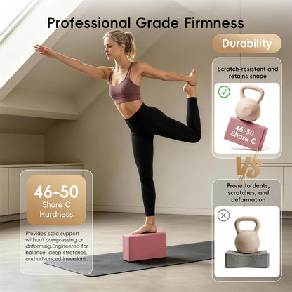 High Density EVA Yoga Blocks 2 Pack, 280g Pro-Level Exercise Brick (46-50 Shore C Firmness), Odor-Free & Non-Slip Foam Props for Yoga, Pilates & Stretching