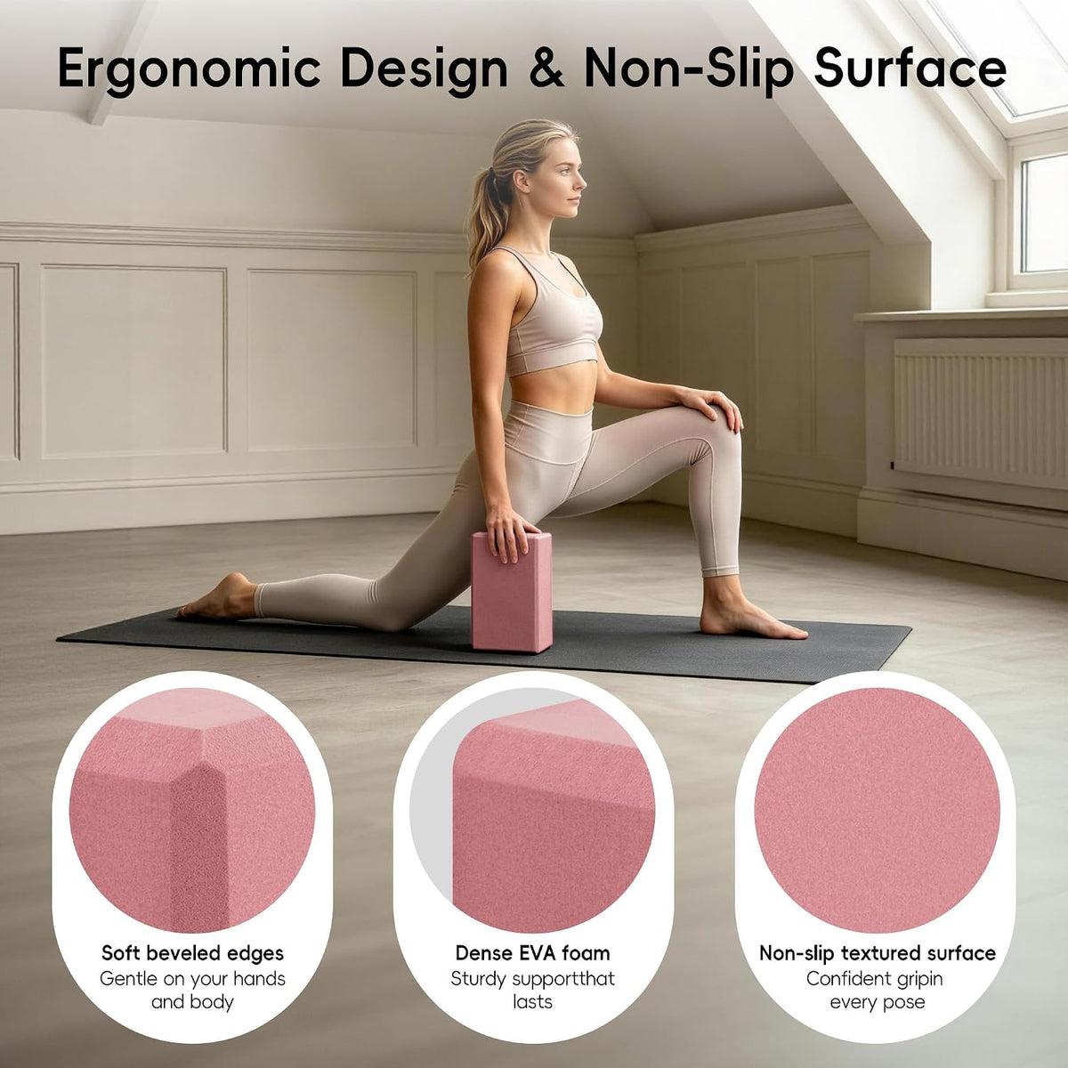 High Density EVA Yoga Blocks 2 Pack, 280g Pro-Level Exercise Brick (46-50 Shore C Firmness), Odor-Free & Non-Slip Foam Props for Yoga, Pilates & Stretching