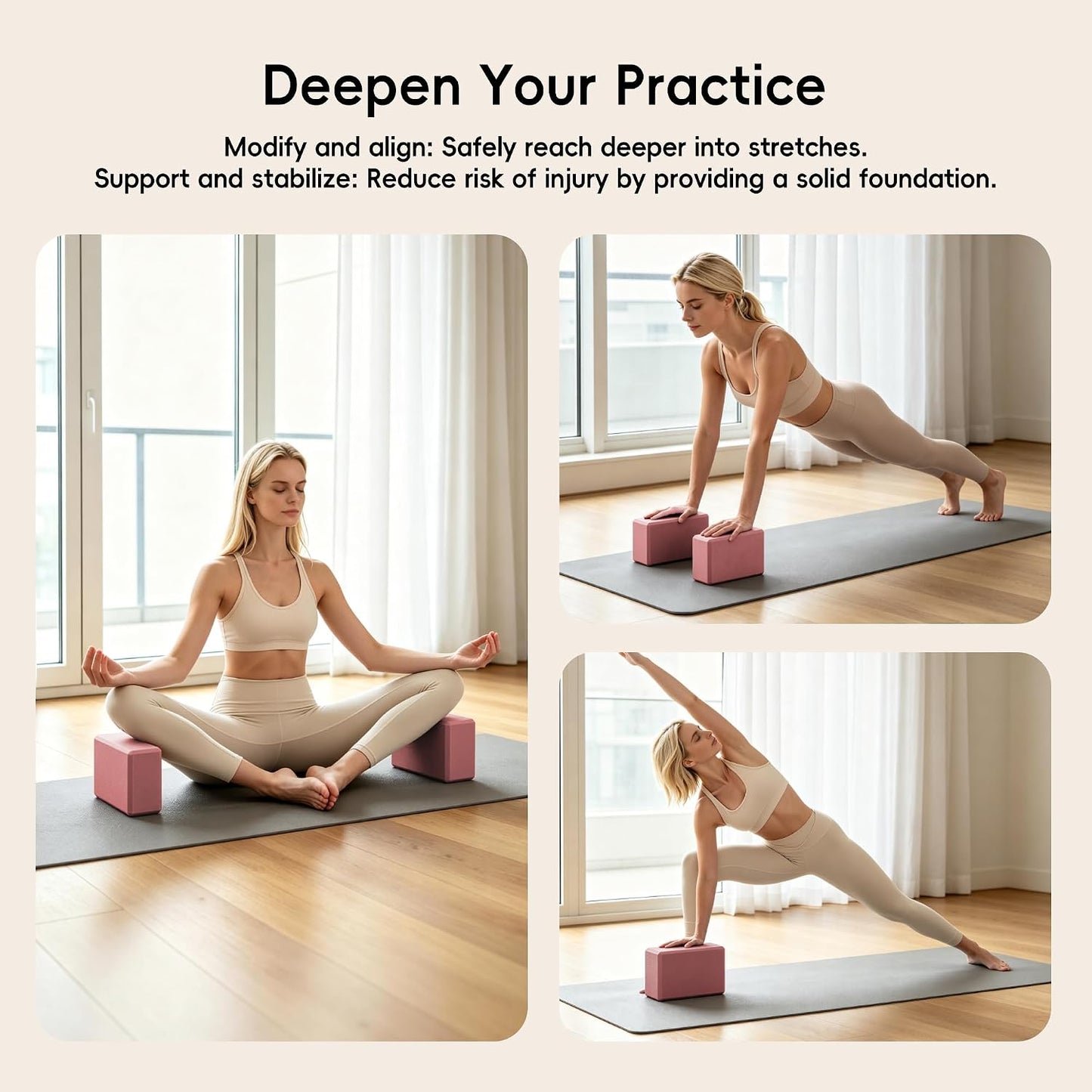 High Density EVA Yoga Blocks 2 Pack, 280g Pro-Level Exercise Brick (46-50 Shore C Firmness), Odor-Free & Non-Slip Foam Props for Yoga, Pilates & Stretching