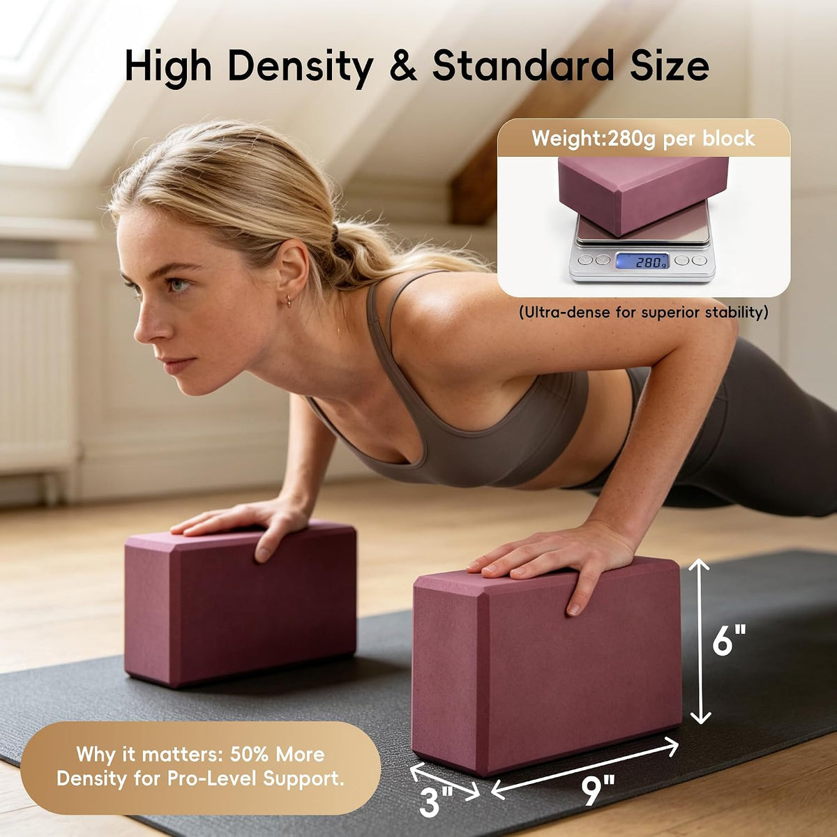 High Density EVA Yoga Blocks 2 Pack, 280g Pro-Level Exercise Brick (46-50 Shore C Firmness), Odor-Free & Non-Slip Foam Props for Yoga, Pilates & Stretching