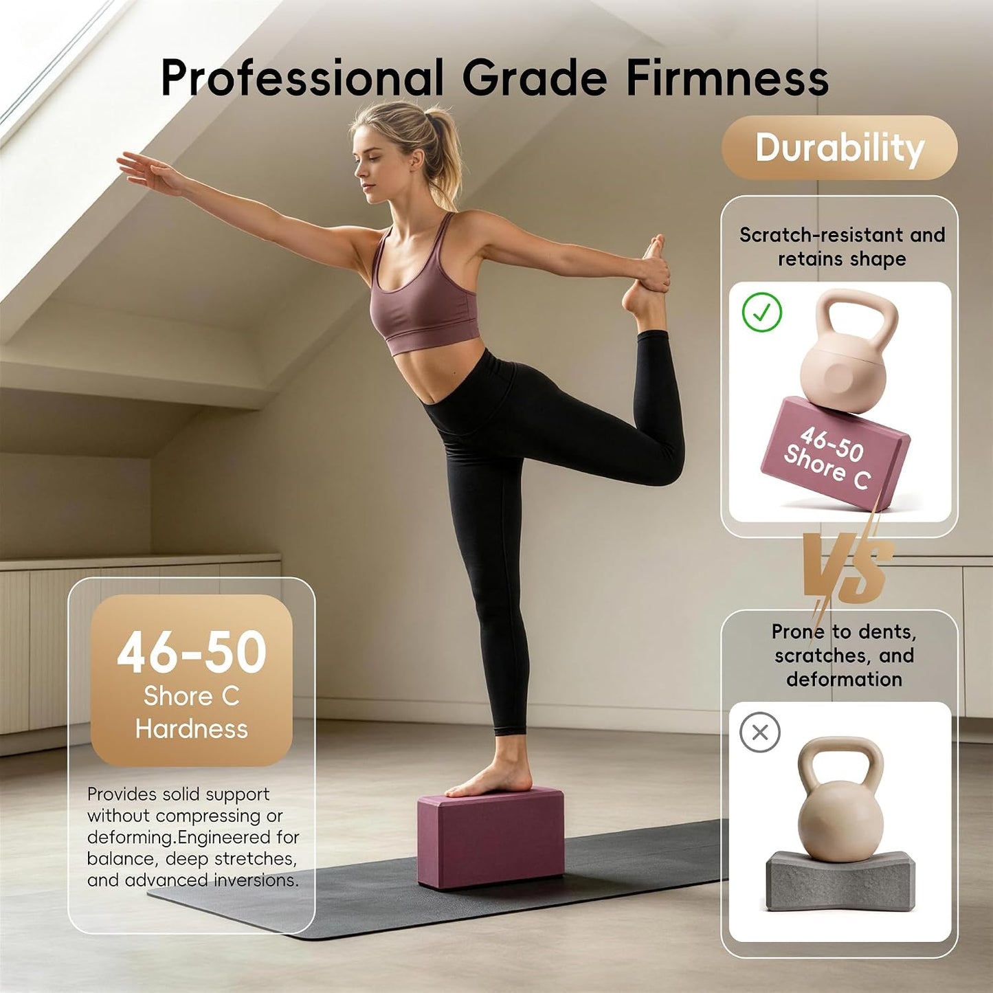 High Density EVA Yoga Blocks 2 Pack, 280g Pro-Level Exercise Brick (46-50 Shore C Firmness), Odor-Free & Non-Slip Foam Props for Yoga, Pilates & Stretching
