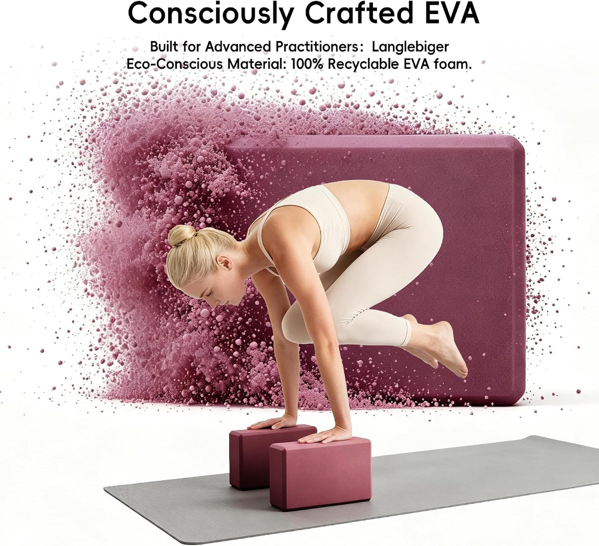 High Density EVA Yoga Blocks 2 Pack, 280g Pro-Level Exercise Brick (46-50 Shore C Firmness), Odor-Free & Non-Slip Foam Props for Yoga, Pilates & Stretching