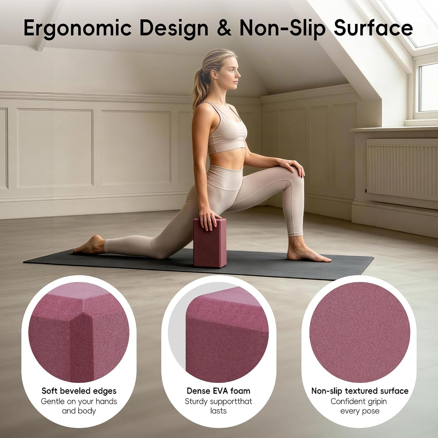 High Density EVA Yoga Blocks 2 Pack, 280g Pro-Level Exercise Brick (46-50 Shore C Firmness), Odor-Free & Non-Slip Foam Props for Yoga, Pilates & Stretching