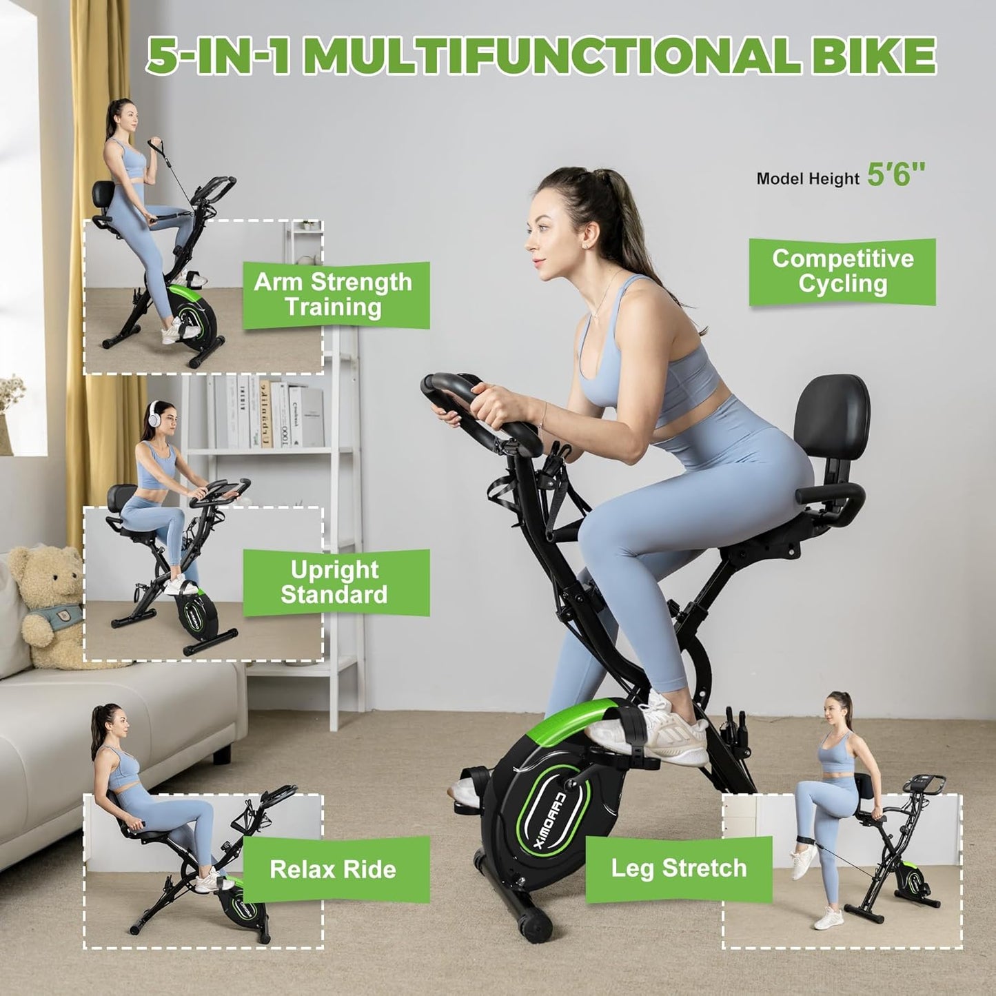 Caromix Folding Exercise Bike, 5 in 1 Stationary Bike with 16-Level Adjustable Magnetic Resistance, 330LB Capacity Indoor Workout Bike, Foldable Exercise Bike for Seniors and Adult