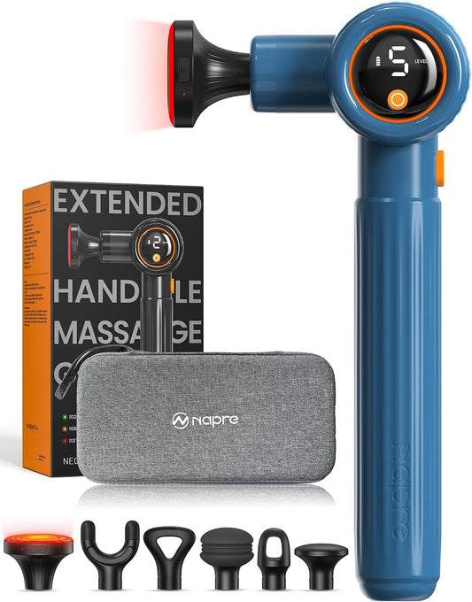Massage Gun with Heat,Massage Gun Deep Tissue with Extension Handle & 3 Adjustable Angles,Handheld Percussion Back Massager for Muscle/Neck/Body Pain Relief with Portable Case,Blue