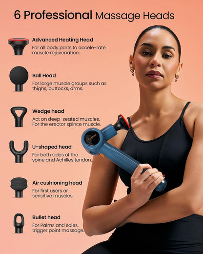 Massage Gun with Heat,Massage Gun Deep Tissue with Extension Handle & 3 Adjustable Angles,Handheld Percussion Back Massager for Muscle/Neck/Body Pain Relief with Portable Case,Blue