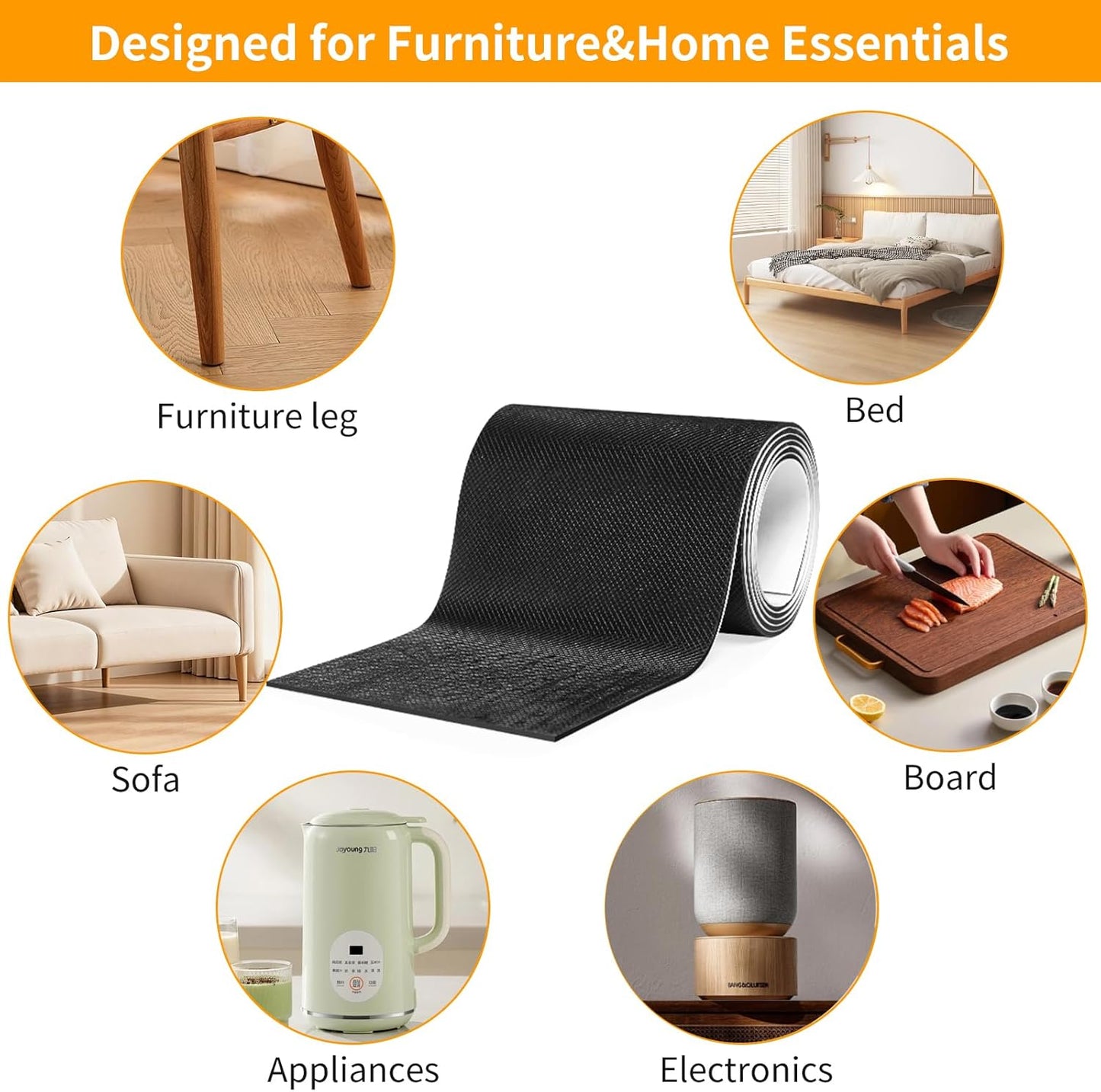 Non Slip Furniture Pads, Self Adhesive Rubber Pads with Anti Skid Stickers, Cuttable Rubber Sheet for Furniture and Appliances (4” × 40”)