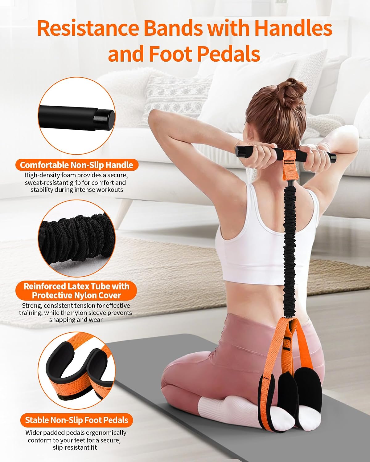 Pedal Resistance Bands with Handles, Upgraded 55LBS Thickened Latex Exercise Bands, Soft Foam Pedal, Sit Up Trainer for Abs Core Arms Legs, Home Gym Equipment for Pilates Yoga Physical Therapy