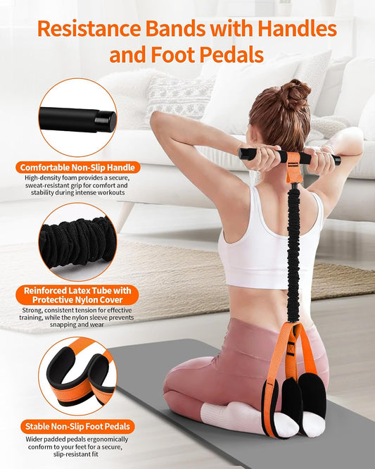 Pedal Resistance Bands with Handles, Upgraded 55LBS Thickened Latex Exercise Bands, Soft Foam Pedal, Sit Up Trainer for Abs Core Arms Legs, Home Gym Equipment for Pilates Yoga Physical Therapy