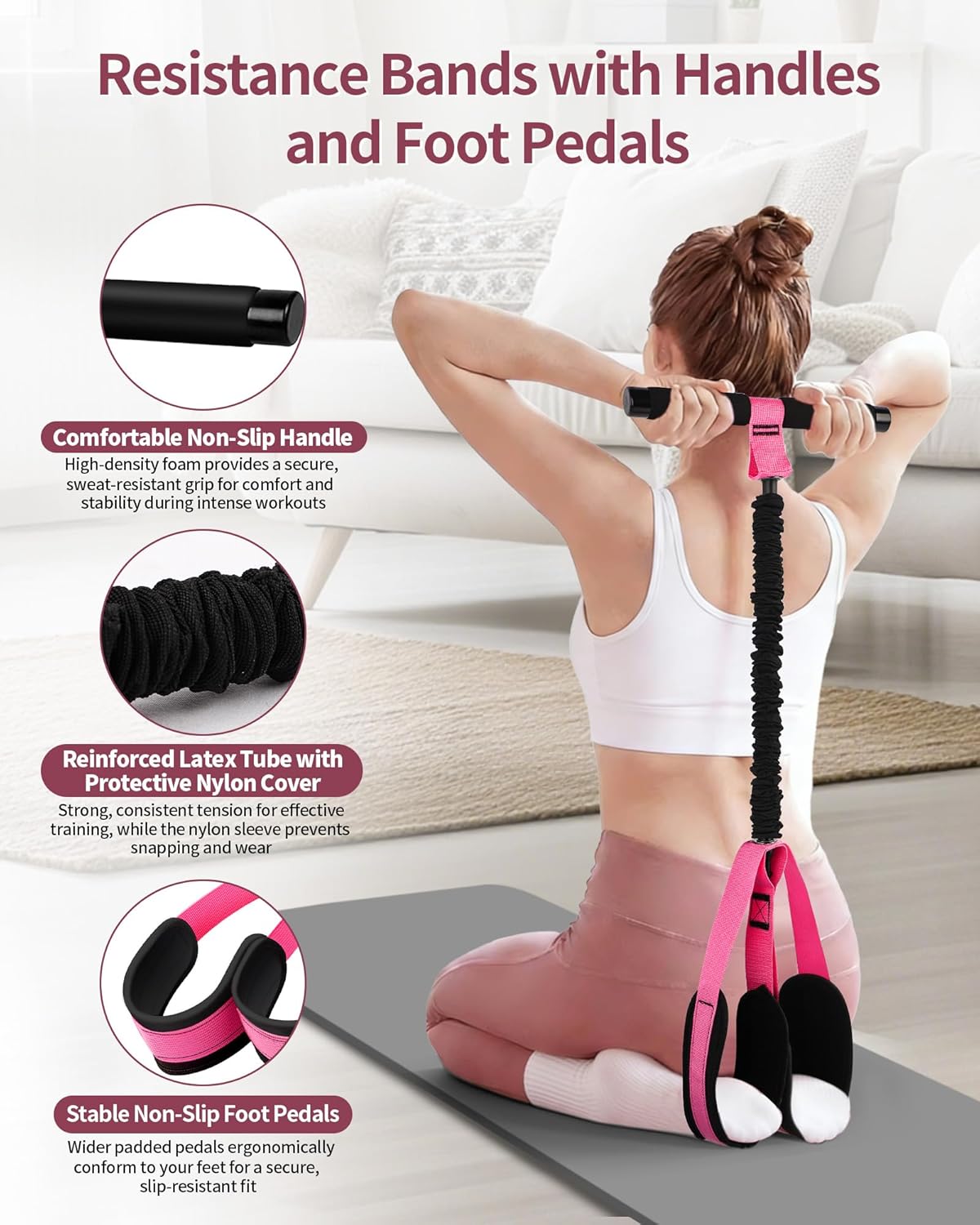 Pedal Resistance Bands with Handles, Upgraded 55LBS Thickened Latex Exercise Bands, Soft Foam Pedal, Sit Up Trainer for Abs Core Arms Legs, Home Gym Equipment for Pilates Yoga Physical Therapy