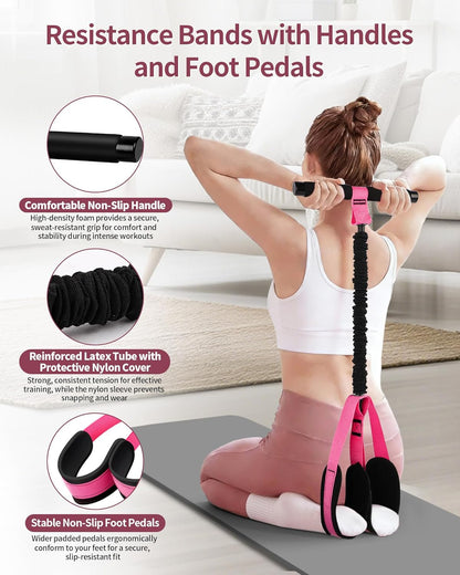 Pedal Resistance Bands with Handles, Upgraded 55LBS Thickened Latex Exercise Bands, Soft Foam Pedal, Sit Up Trainer for Abs Core Arms Legs, Home Gym Equipment for Pilates Yoga Physical Therapy