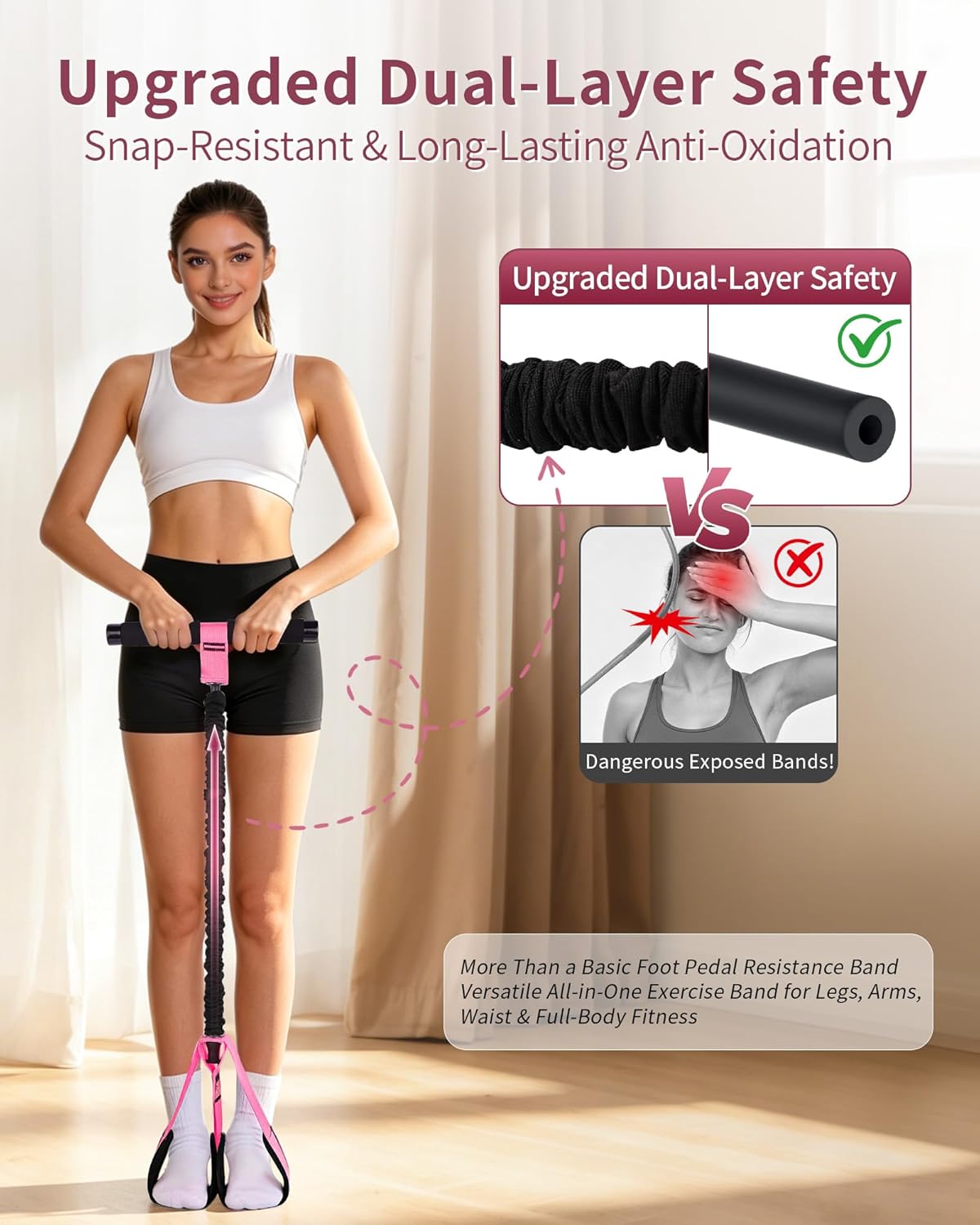 Pedal Resistance Bands with Handles, Upgraded 55LBS Thickened Latex Exercise Bands, Soft Foam Pedal, Sit Up Trainer for Abs Core Arms Legs, Home Gym Equipment for Pilates Yoga Physical Therapy