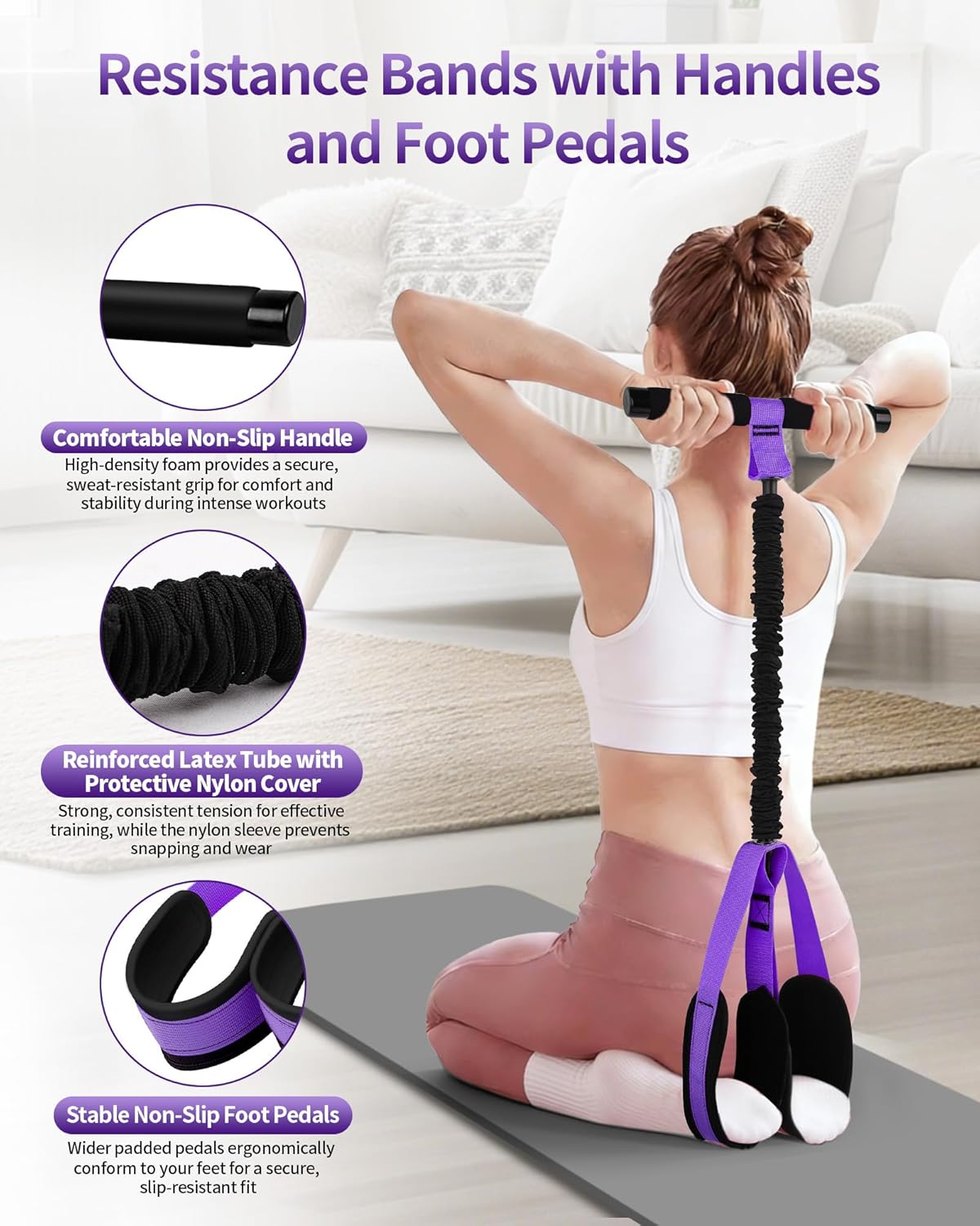 Pedal Resistance Bands with Handles, Upgraded 55LBS Thickened Latex Exercise Bands, Soft Foam Pedal, Sit Up Trainer for Abs Core Arms Legs, Home Gym Equipment for Pilates Yoga Physical Therapy