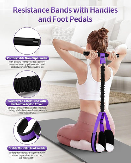 Pedal Resistance Bands with Handles, Upgraded 55LBS Thickened Latex Exercise Bands, Soft Foam Pedal, Sit Up Trainer for Abs Core Arms Legs, Home Gym Equipment for Pilates Yoga Physical Therapy