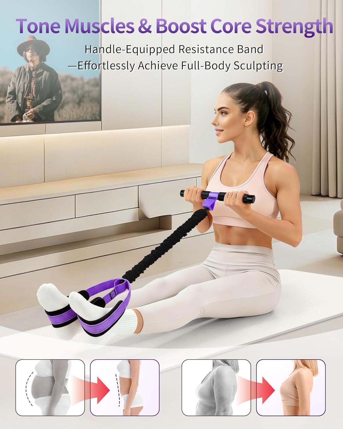 Pedal Resistance Bands with Handles, Upgraded 55LBS Thickened Latex Exercise Bands, Soft Foam Pedal, Sit Up Trainer for Abs Core Arms Legs, Home Gym Equipment for Pilates Yoga Physical Therapy